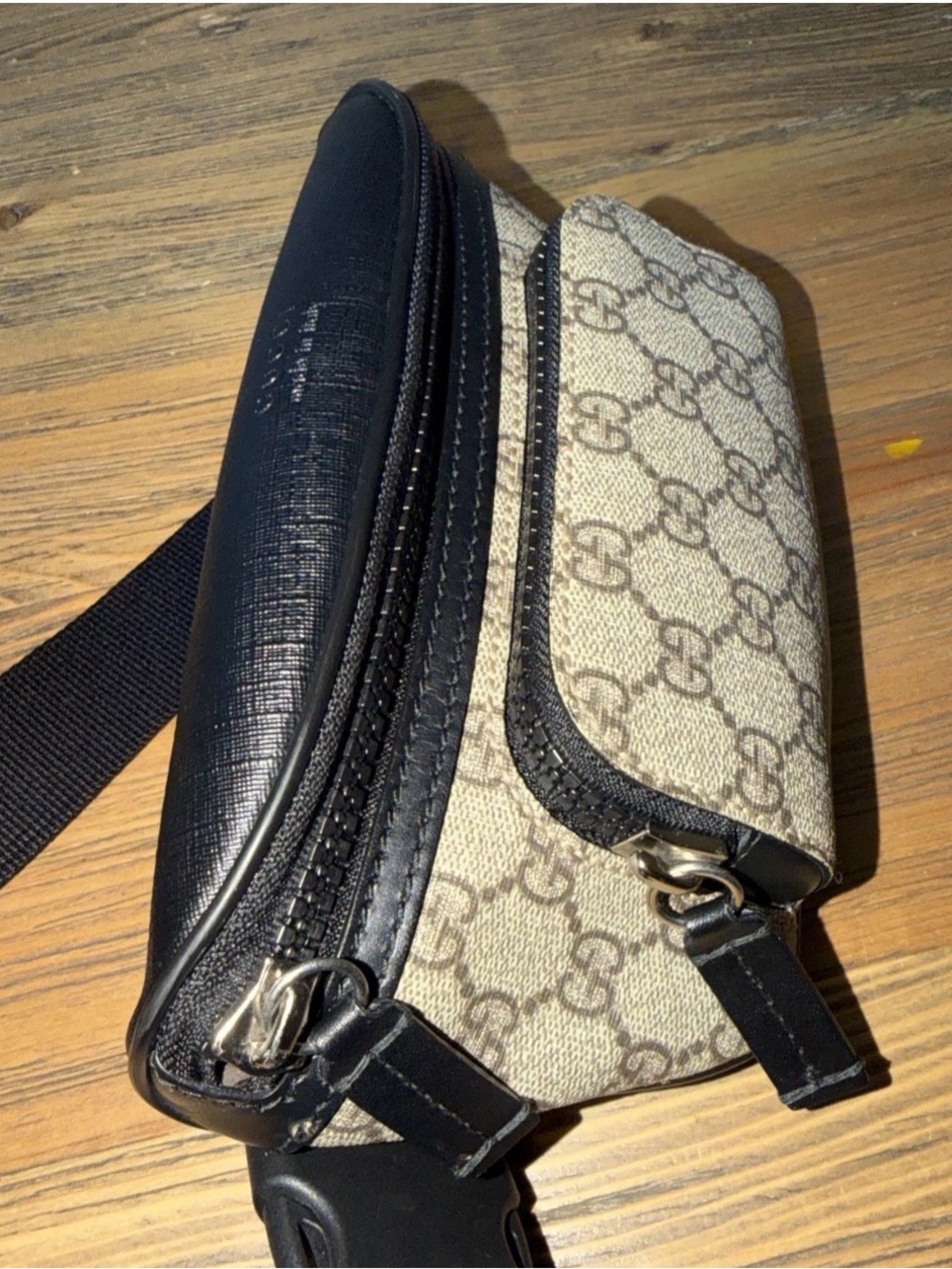 Gucci GG Monogram Belt Bag Waist Pack Beige Black Zip Adjustable Belt Strap